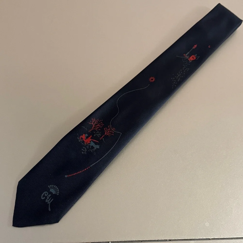 Vintage “Horse and Carriage” Navy Silk Tie with Red Tree and Light Blue Accent